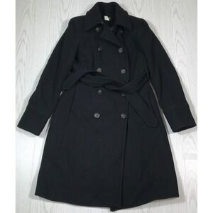J Crew Wool Coat Womens Size 4 Black Peacoat Double Breasted Lined Belted Y2K